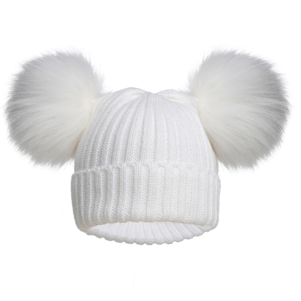 Ribbed Baby Hat with Faux Fur Pom Poms – NB–12 Months