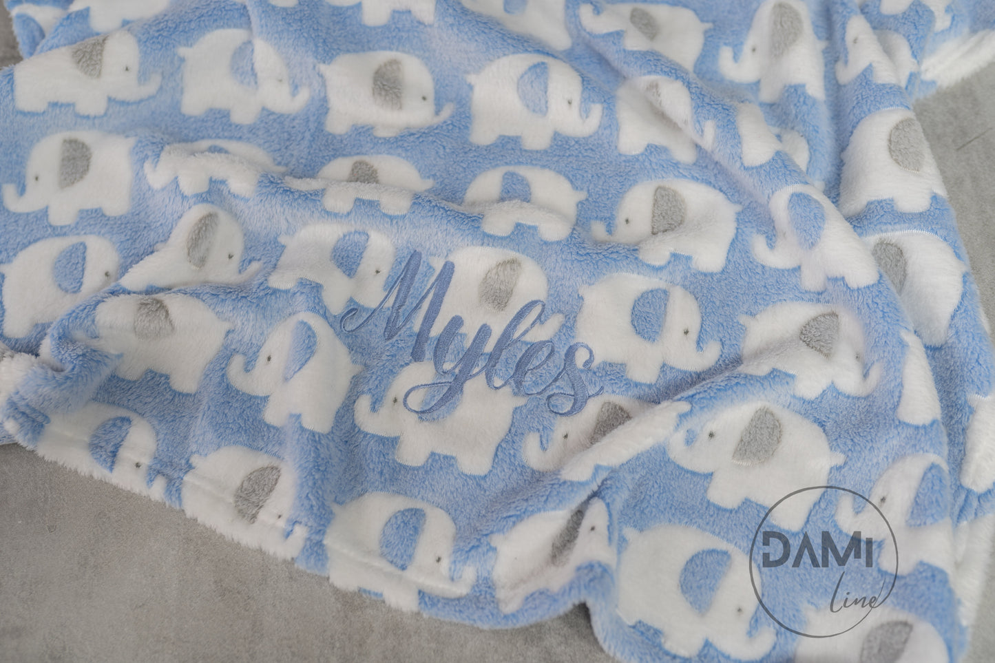 Personalised elephant print baby blanket.