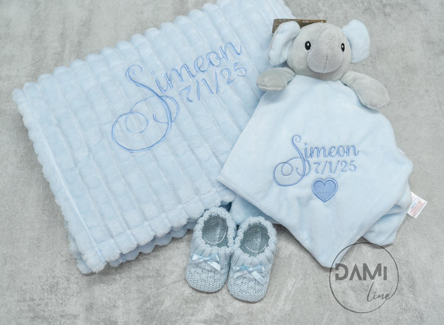 Personalised Baby Boy Gift Set – Blue Blanket, Elephant Comforter & Knitted Booties