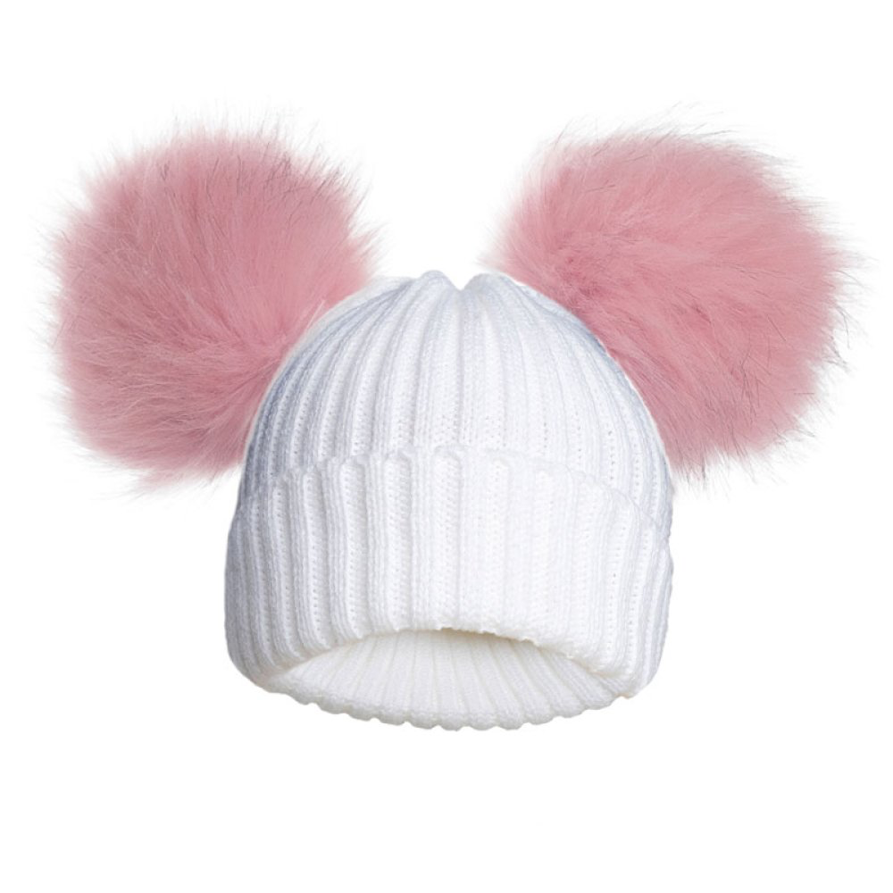 Ribbed Baby Hat with Faux Fur Pom Poms – NB–12 Months