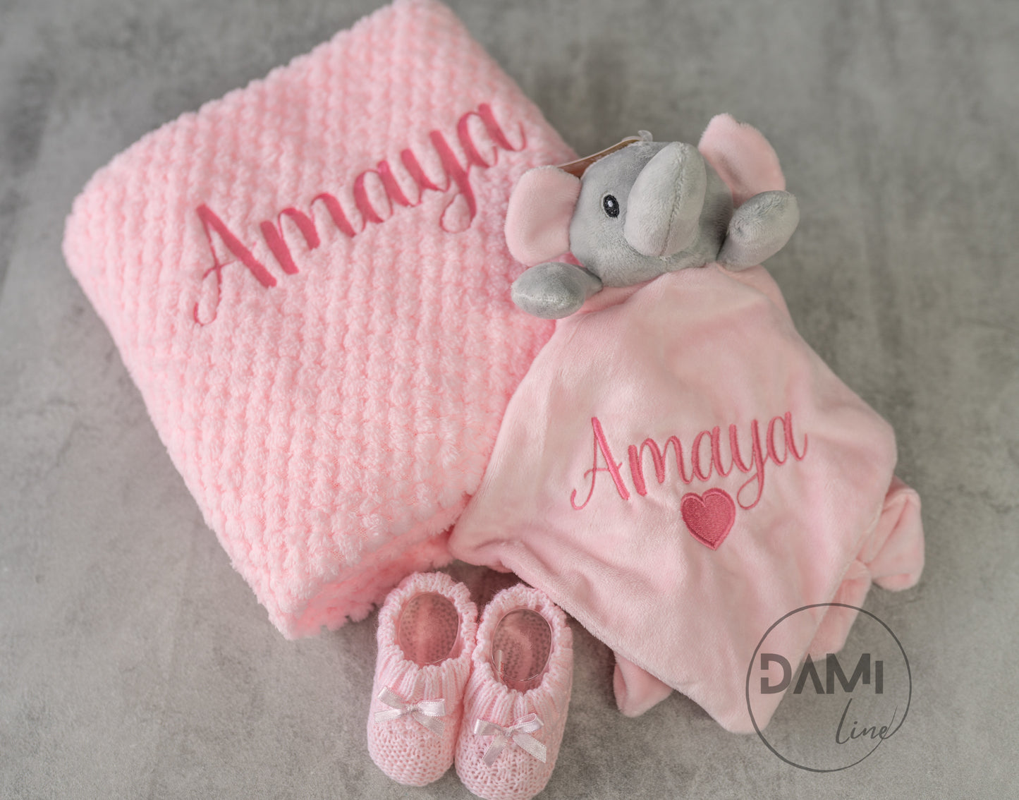 Personalised Baby Girl Gift Set – Pink Blanket, Elephant Comforter & Knitted Booties in Magnetic Gift Box