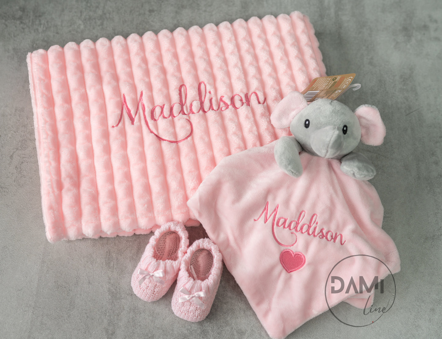 Personalised Baby Girl Gift Set – Pink Blanket, Elephant Comforter & Knitted Booties in Gift Box