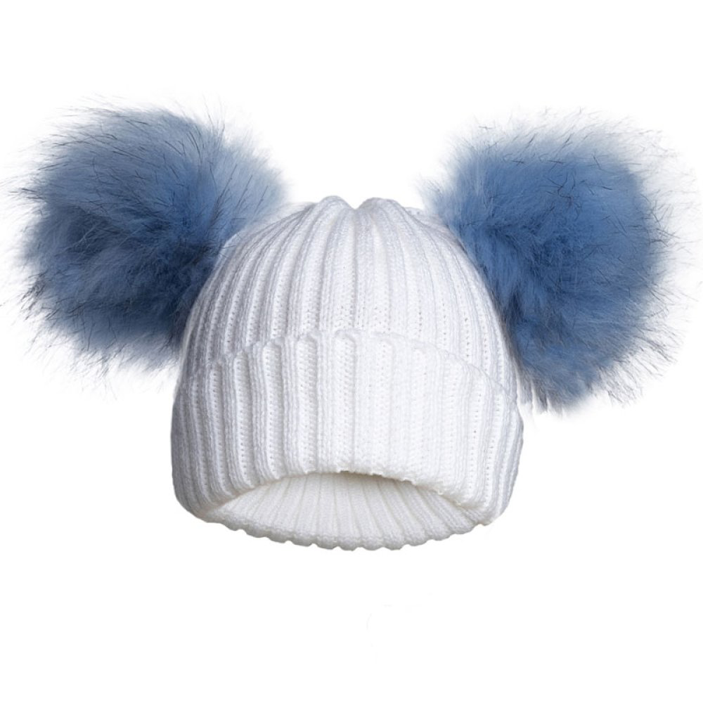Ribbed Baby Hat with Faux Fur Pom Poms – NB–12 Months