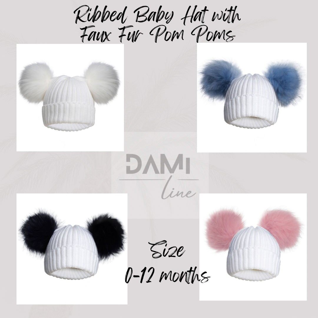 Ribbed Baby Hat with Faux Fur Pom Poms – NB–12 Months
