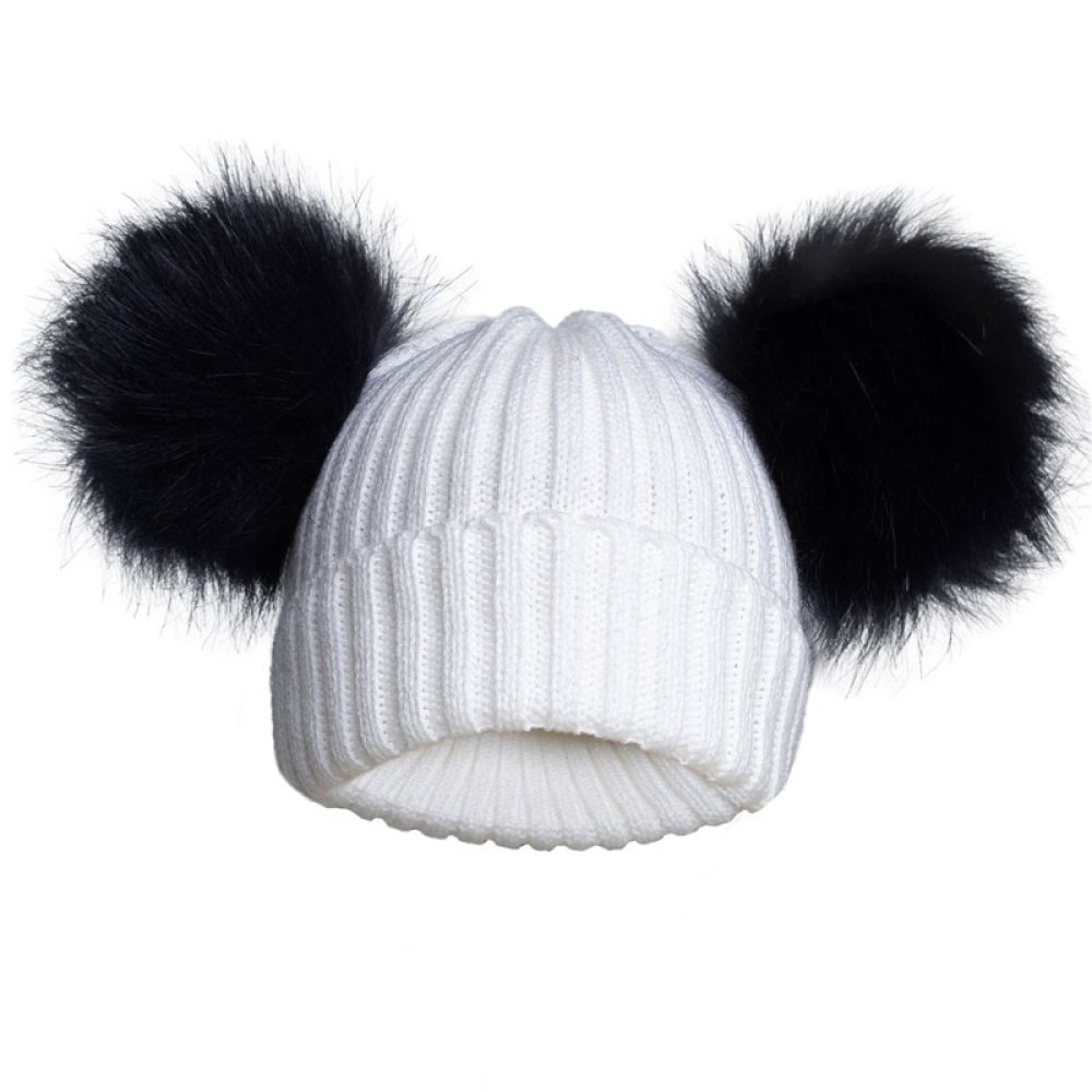 Ribbed Baby Hat with Faux Fur Pom Poms – NB–12 Months