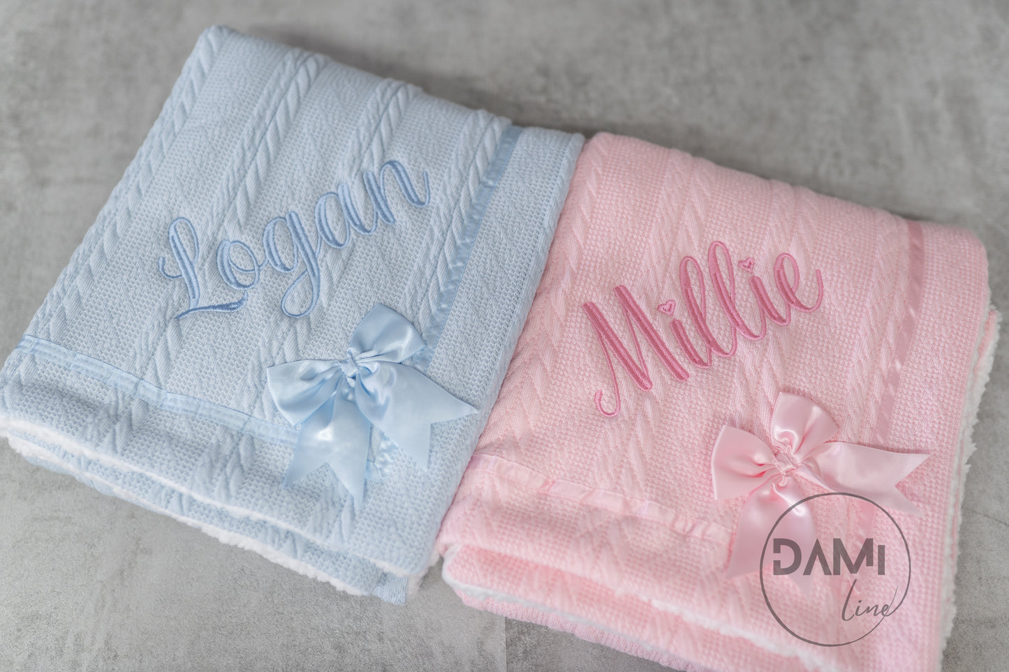 Personalised baby knitted blanket with satin bow and white sherpa back