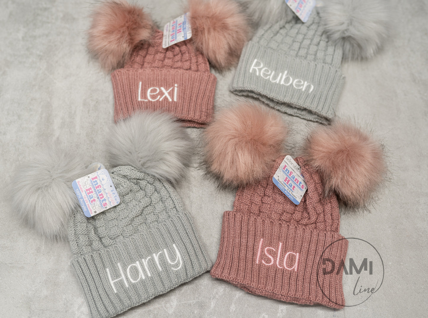 Personalised Checked/Striped Hat with Pom Poms