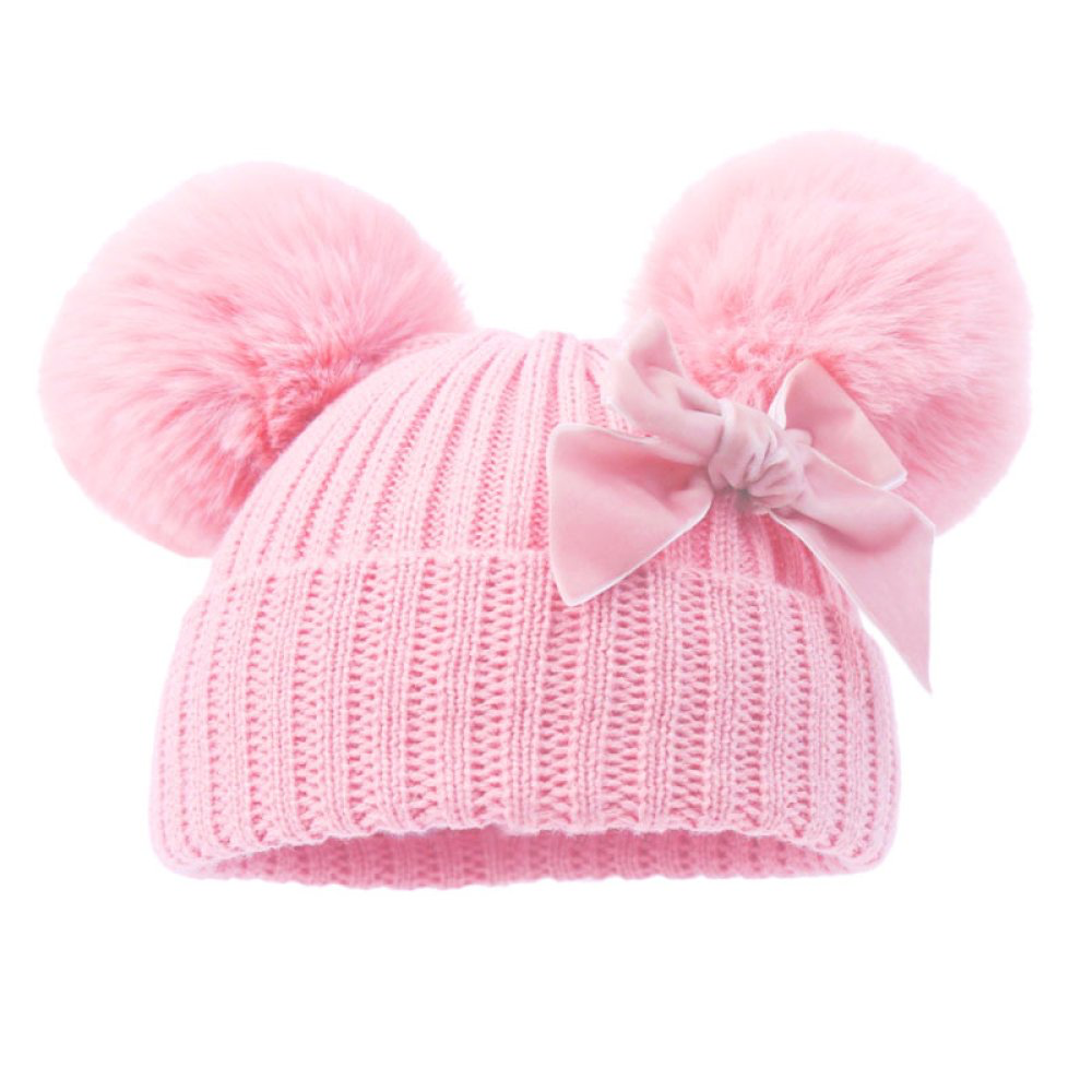 Ribbed Baby Hat with Pom Poms, Turnover & Velvet Bow