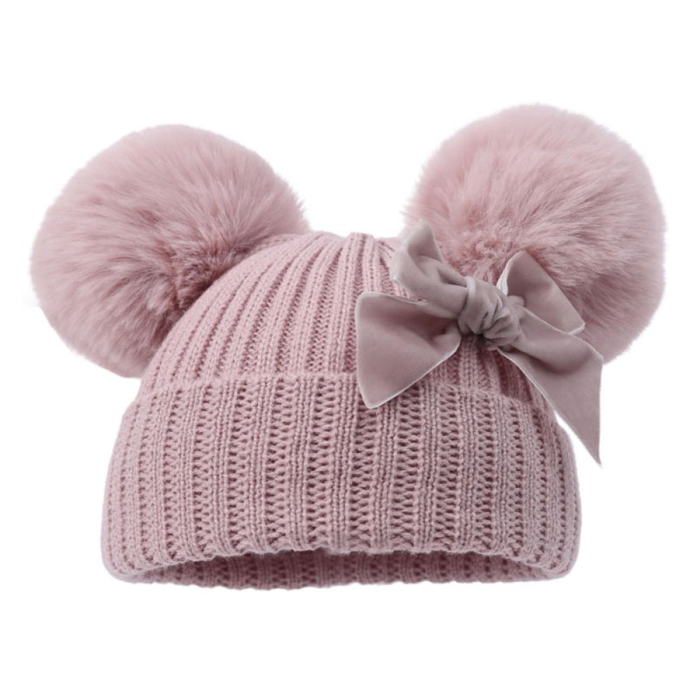 Ribbed Baby Hat with Pom Poms, Turnover & Velvet Bow