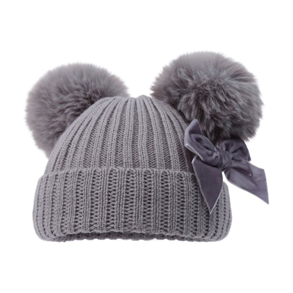 Ribbed Baby Hat with Pom Poms, Turnover & Velvet Bow