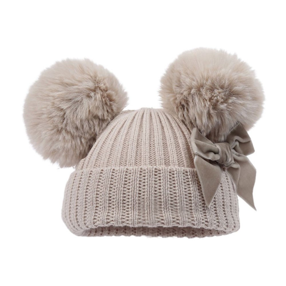 Ribbed Baby Hat with Pom Poms, Turnover & Velvet Bow