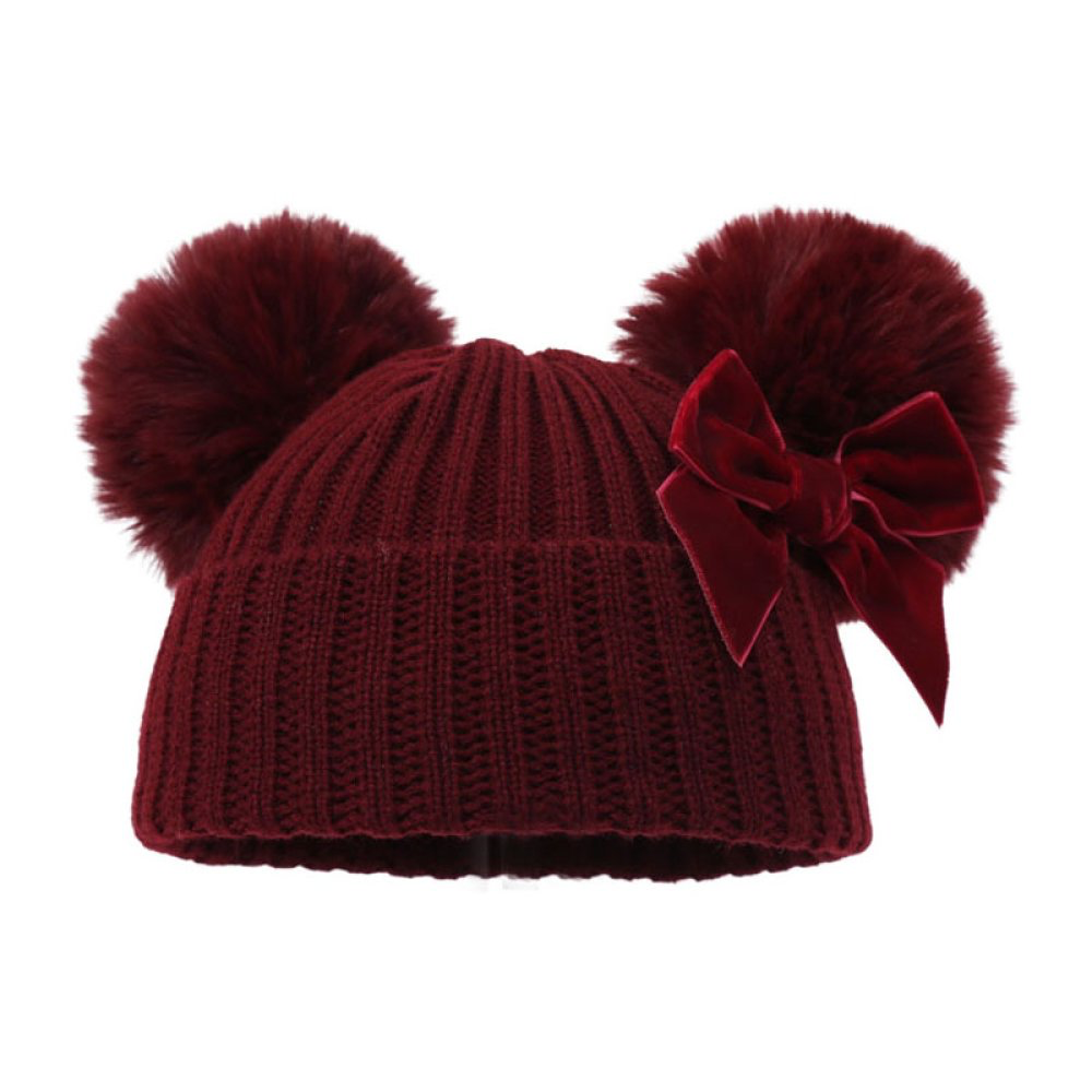 Ribbed Baby Hat with Pom Poms, Turnover & Velvet Bow