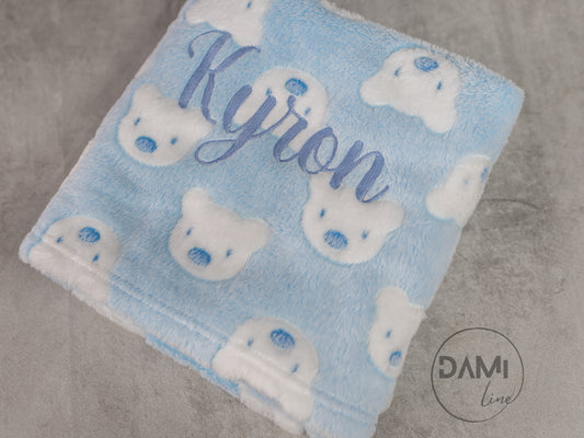 Personalised bear print baby blanket.