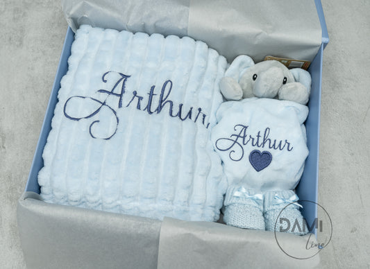 Personalised Baby Boy Gift Set – Blue Blanket, Elephant Comforter & Knitted Booties