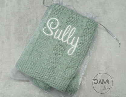 Personalised knitted baby blanket with 2 Pom-poms. Multiple colours available