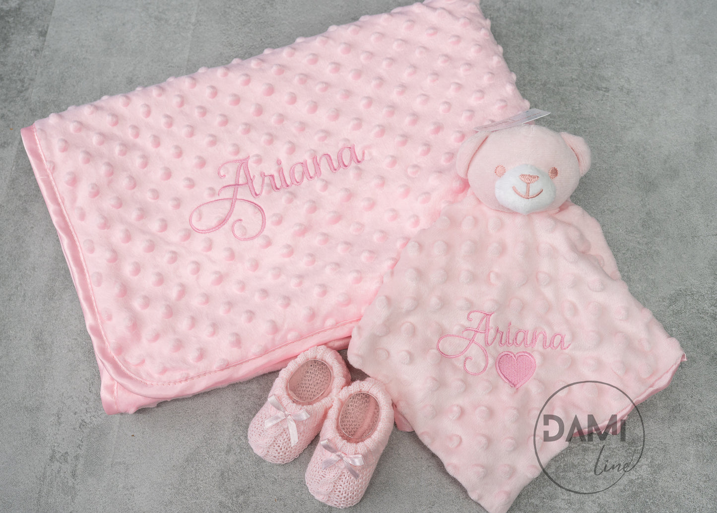 Personalised pink baby blanket, bear comforter and pink booties gift set for baby girl