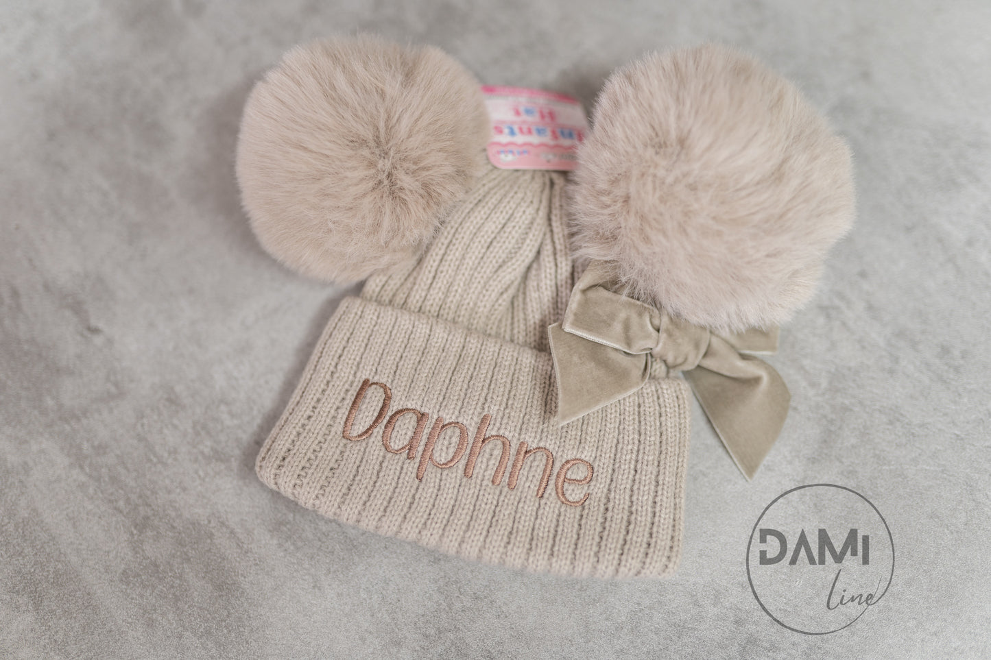 Personalised Ribbed Baby Hat with Pom Poms, Turnover & Velvet Bow
