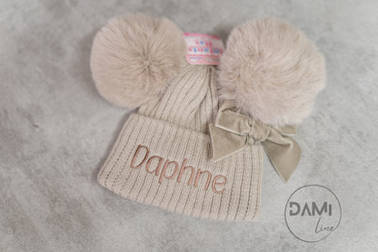 Personalised Ribbed Baby Hat with Pom Poms, Turnover & Velvet Bow (Copy)