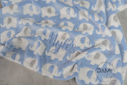 Personalised elephant print baby blanket.