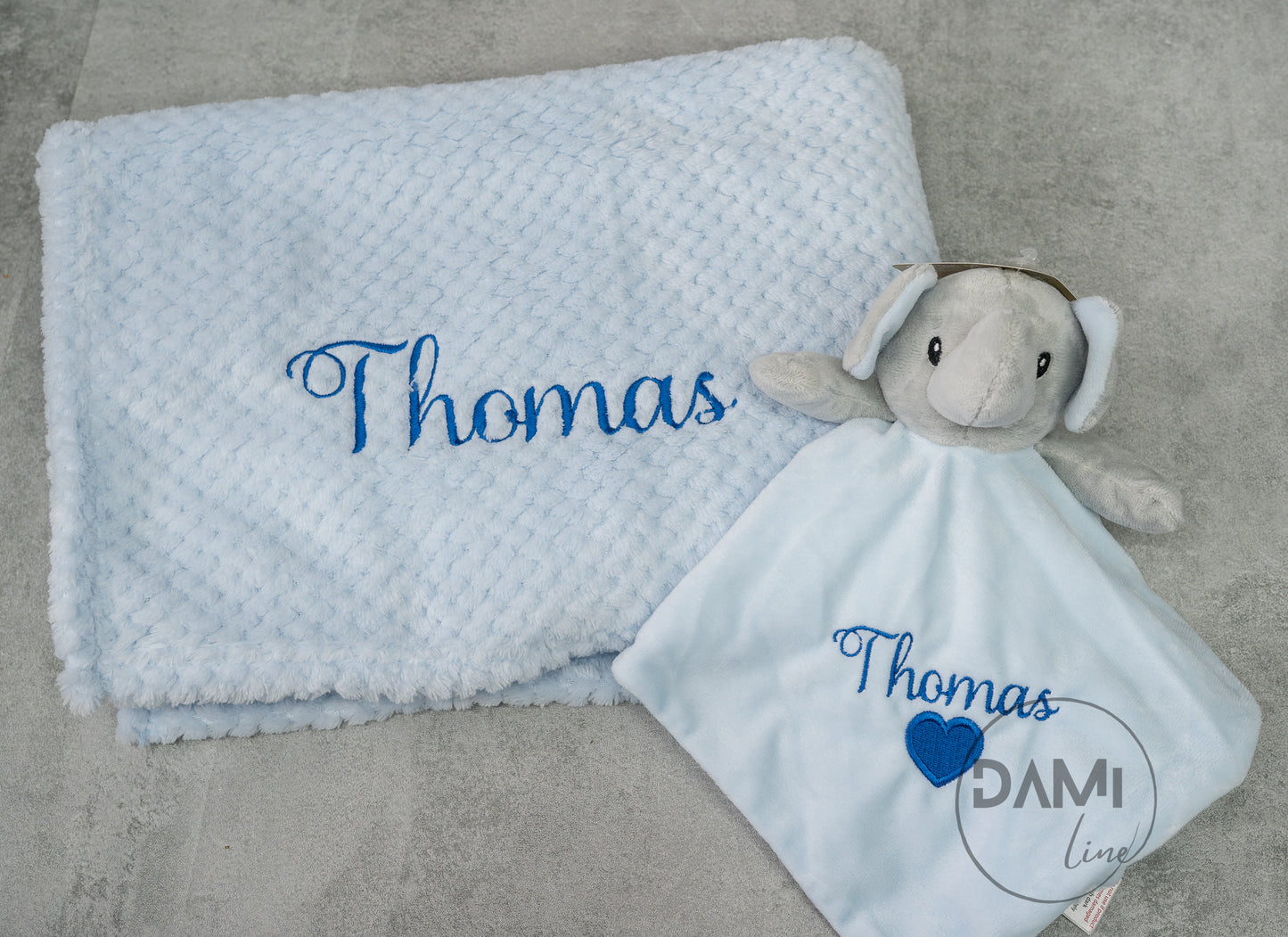 Personalised blue baby blanket and elephant comforter gift set for boy