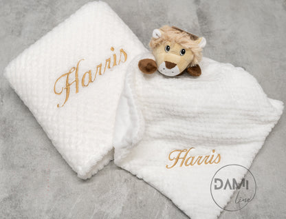 Personalised baby blanket, lion comforter gift set for baby girl or boy