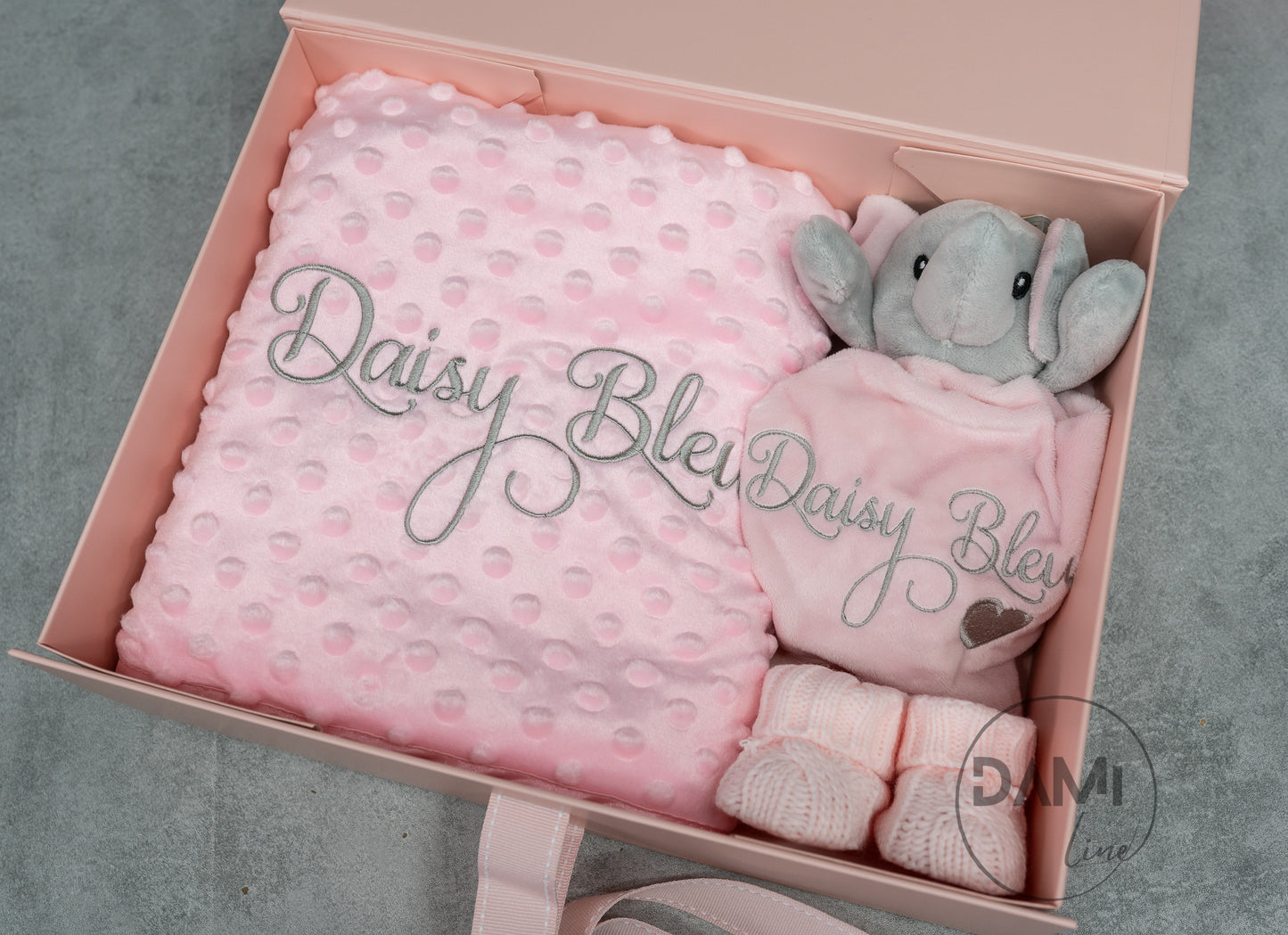 Personalised pink baby blanket, elephant comforter and pink booties gift set for baby girl | Baby gift set in box