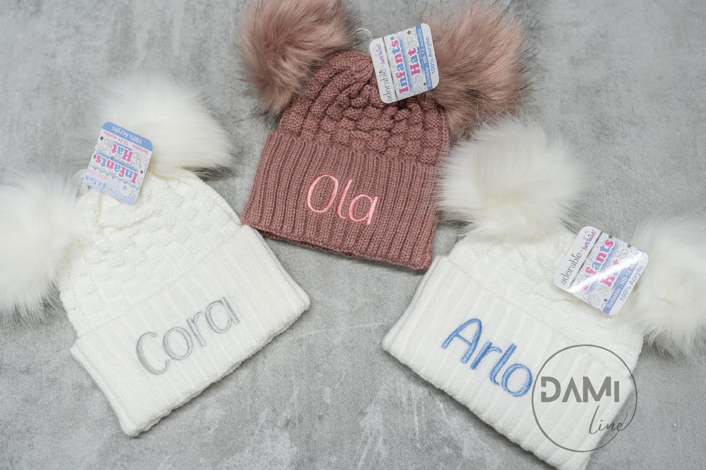 Personalised Checked/Striped Hat with Pom Poms