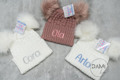 Personalised Checked/Striped Hat with Pom Poms