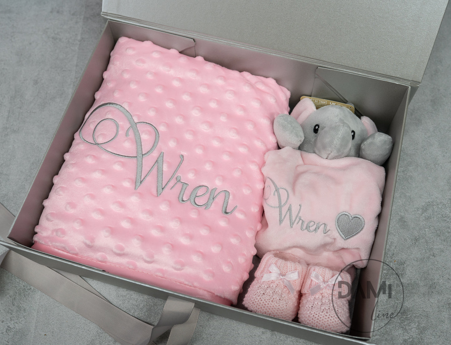 Personalised pink baby blanket, elephant comforter and pink booties gift set for baby girl | Baby gift set in box