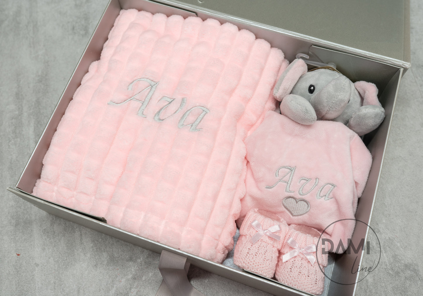 Personalised Baby Girl Gift Set – Pink Blanket, Elephant Comforter & Knitted Booties