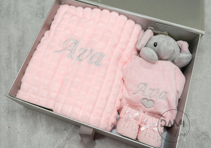 Personalised Baby Girl Gift Set – Pink Blanket, Elephant Comforter & Knitted Booties