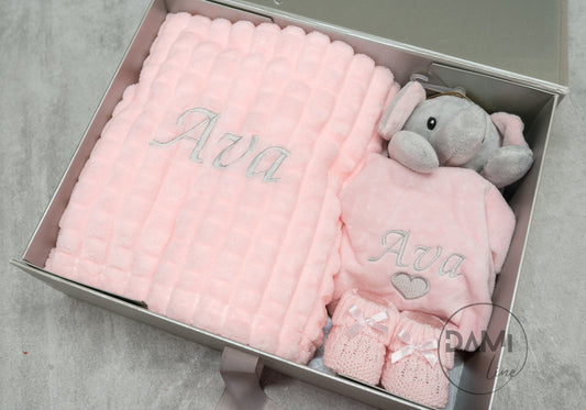 Personalised Baby Girl Gift Set – Pink Blanket, Elephant Comforter & Knitted Booties