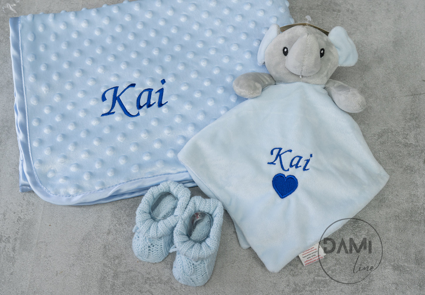 Personalised blue baby blanket, elephant comforter and blue knitted booties gift set for boy | Baby boy gift set in silver magnetic box