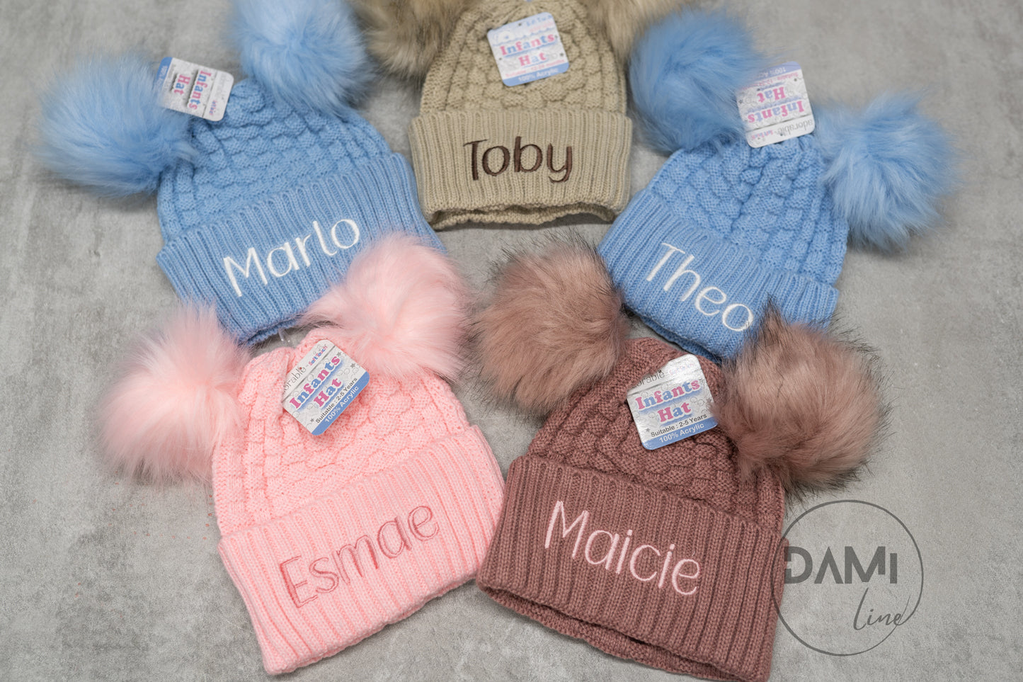 Personalised Checked/Striped Hat with Pom Poms
