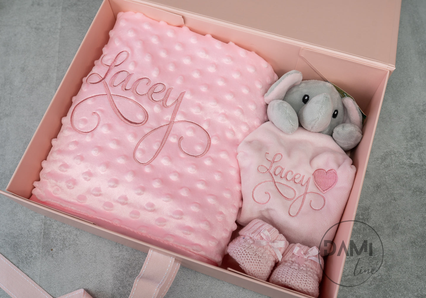 Personalised pink baby blanket, elephant comforter and pink booties gift set for baby girl | Baby gift set in box