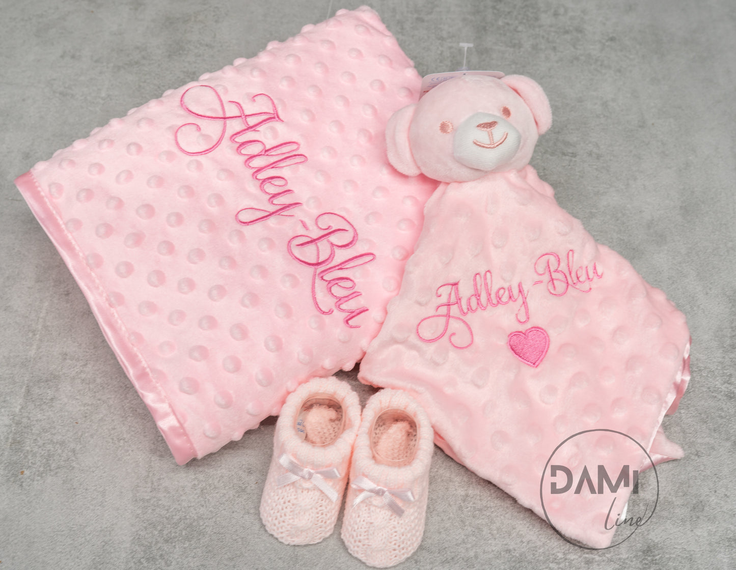 Personalised pink baby blanket, bear comforter and pink booties gift set for baby girl