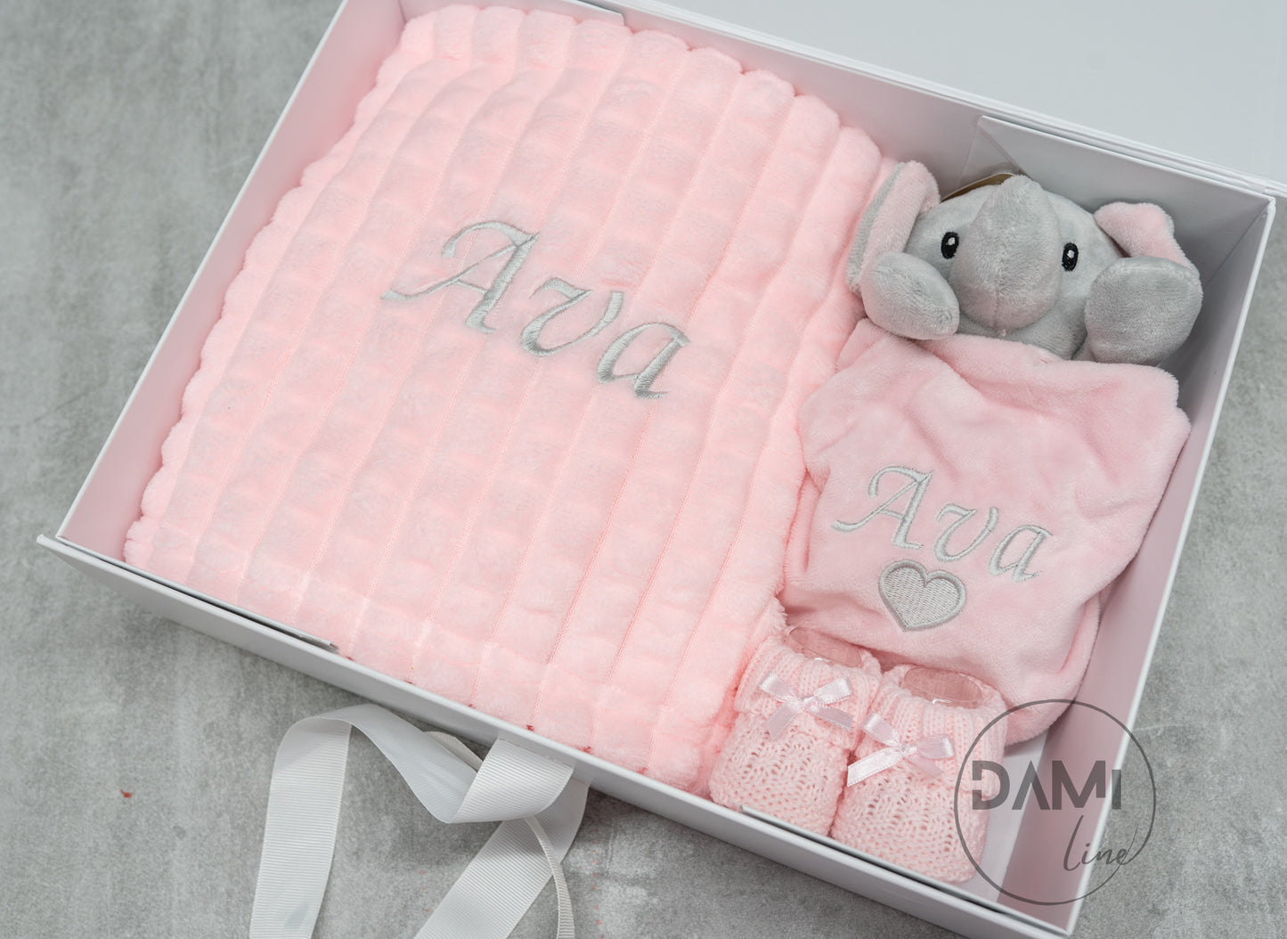 Personalised Baby Girl Gift Set – Pink Blanket, Elephant Comforter & Knitted Booties