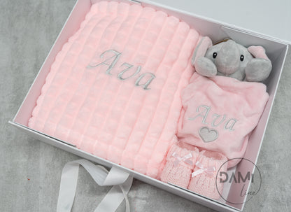 Personalised Baby Girl Gift Set – Pink Blanket, Elephant Comforter & Knitted Booties
