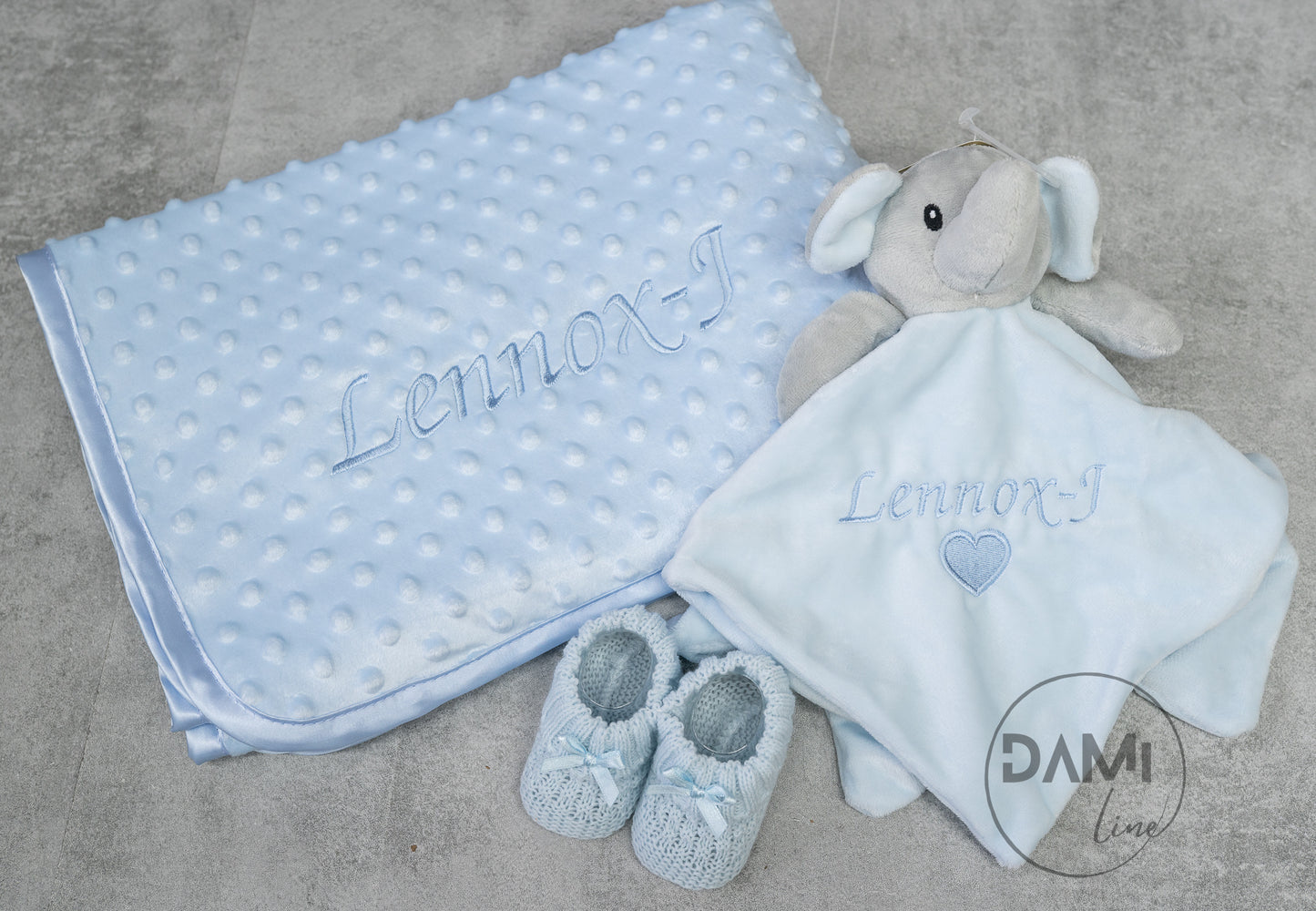 Personalised blue baby blanket, elephant comforter and blue knitted booties gift set for boy | Baby boy gift set in white magnetic box