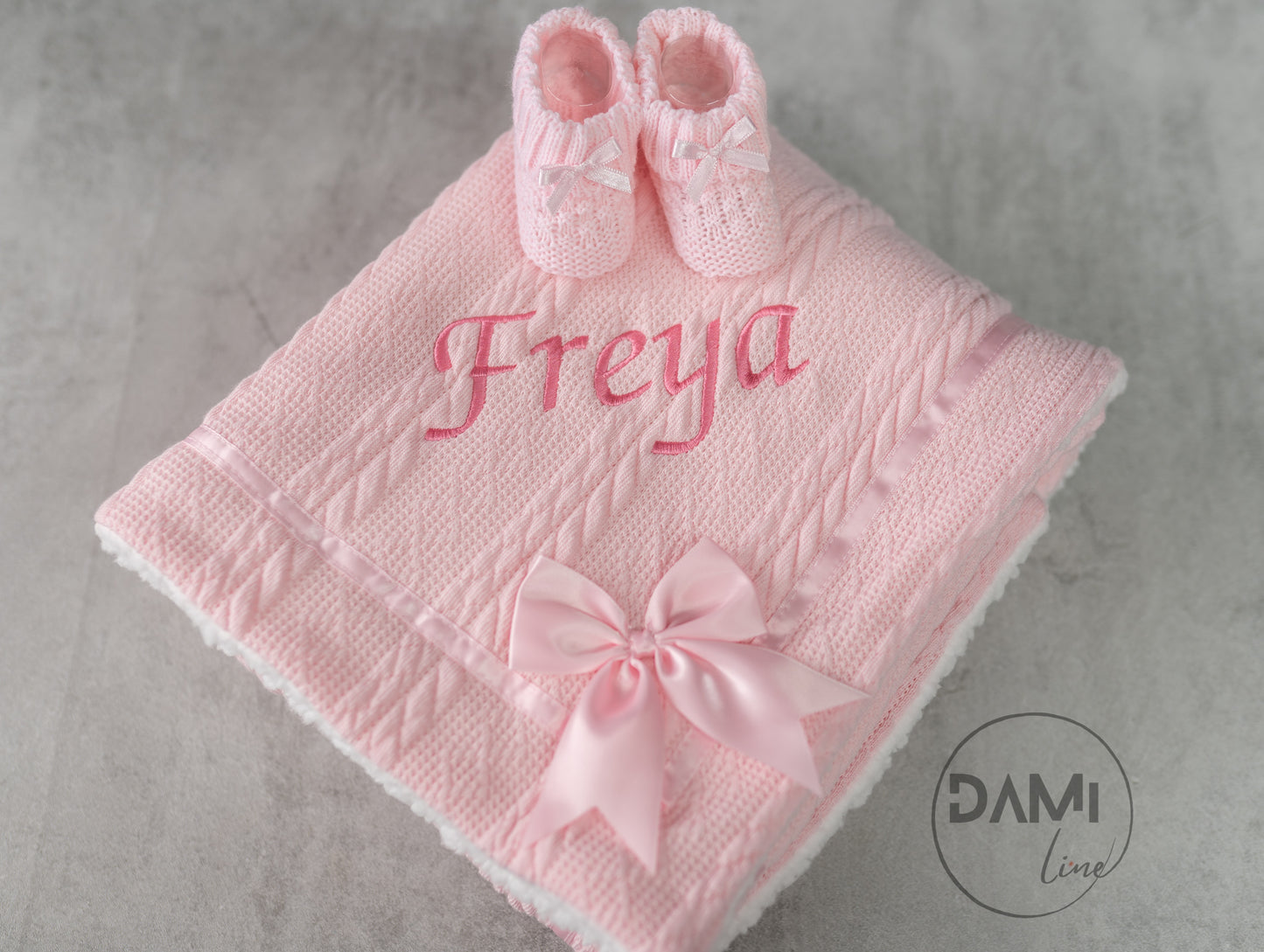 Personalised pink baby knitted blanket and pink knitted booties gift set
