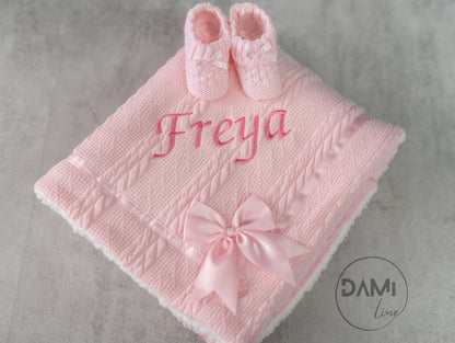Personalised pink baby knitted blanket and pink knitted booties gift set