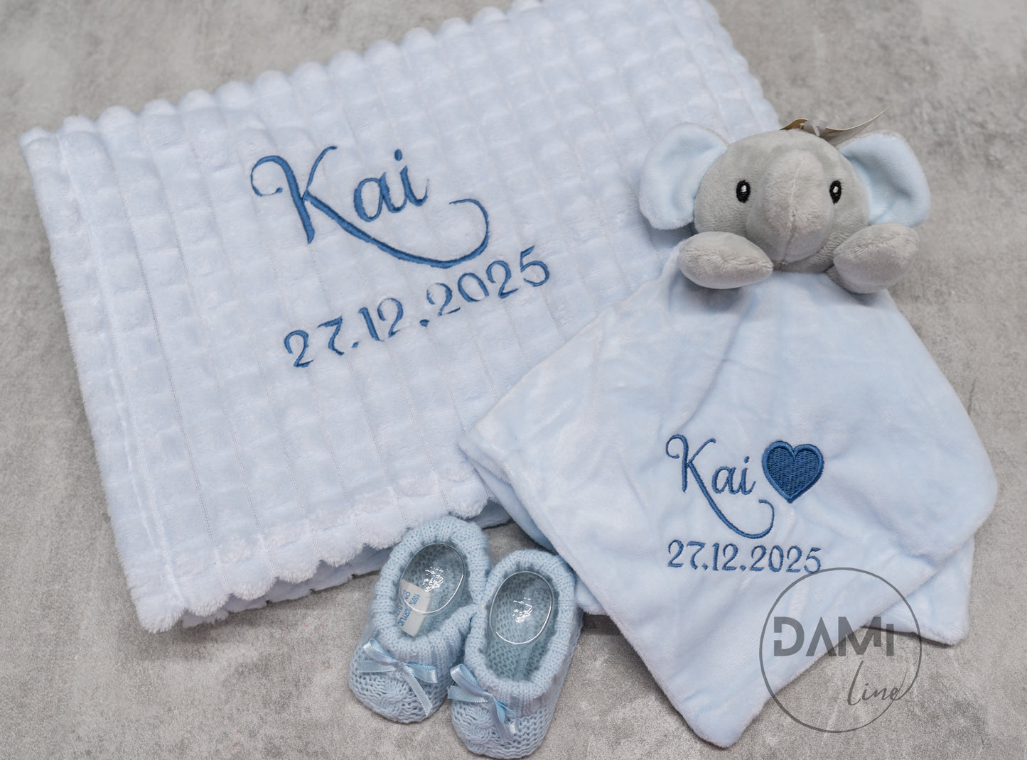 Personalised Baby Boy Gift Set – Blue Blanket, Elephant Comforter & Knitted Booties