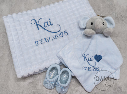 Personalised Baby Boy Gift Set – Blue Blanket, Elephant Comforter & Knitted Booties