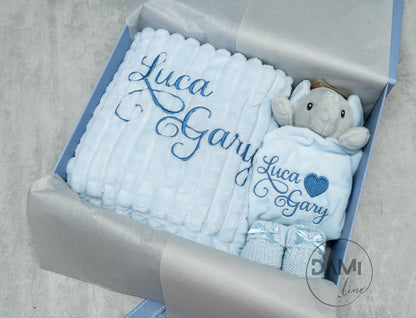 Personalised Baby Boy Gift Set – Blue Blanket, Elephant Comforter & Knitted Booties
