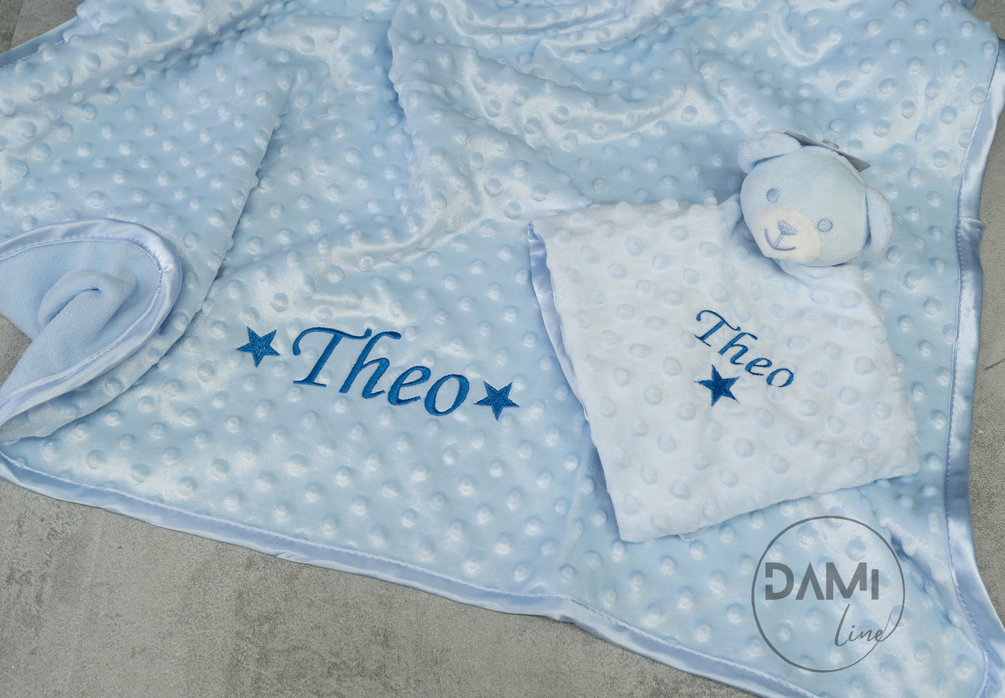 Personalised blue baby blanket, bear comforter and blue brush&comb gift set for boy