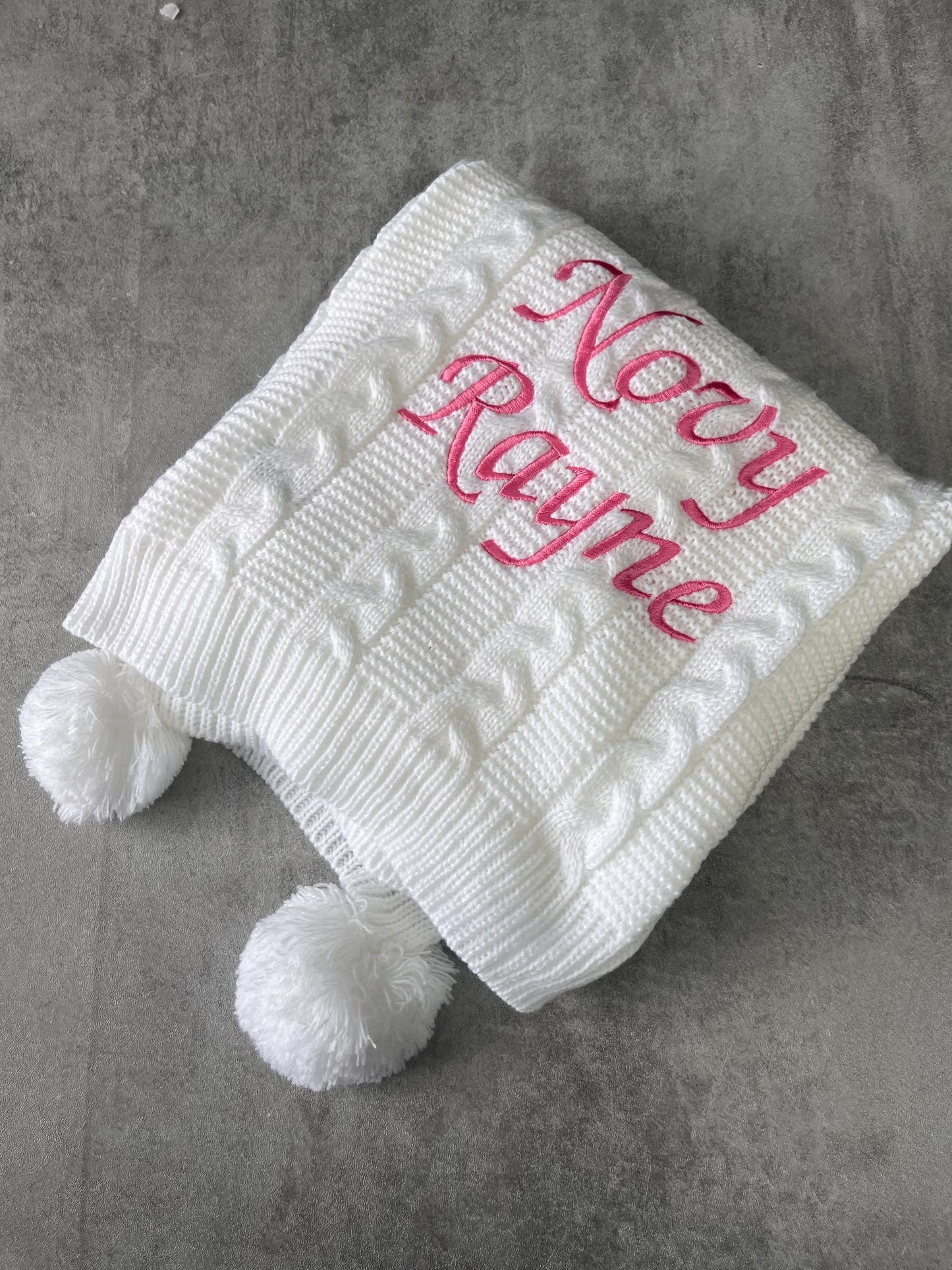 Personalised knitted baby blanket with 2 Pom-poms