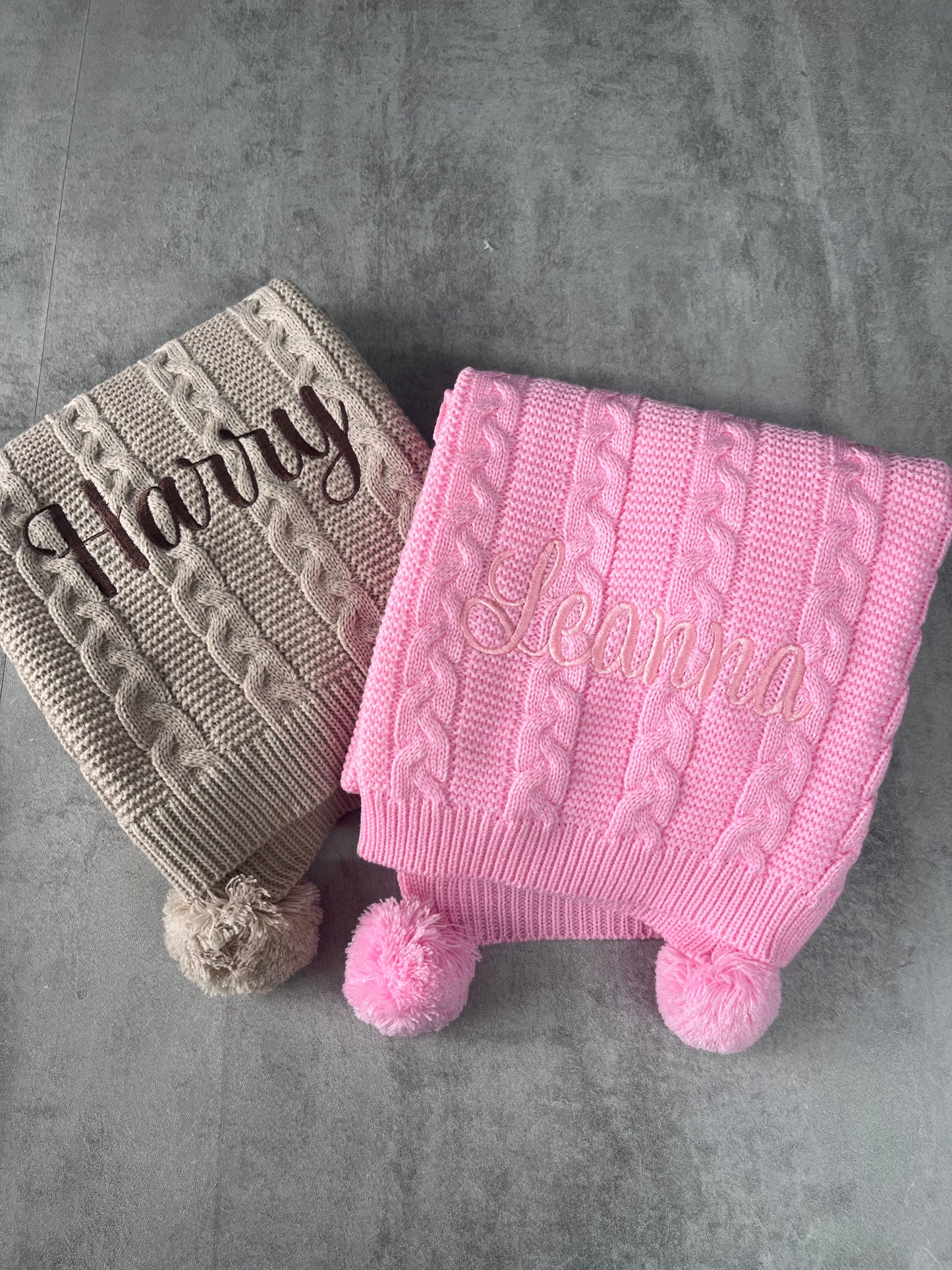 Personalised knitted baby blanket with 2 Pom-poms