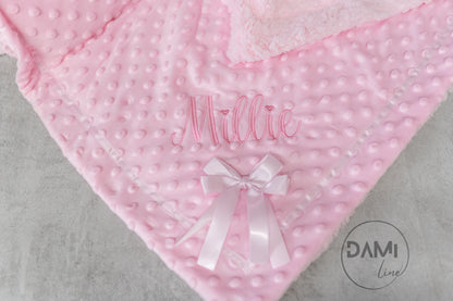 Personalised bubble blanket with satin bow and sherpa back. Multiple colours available.