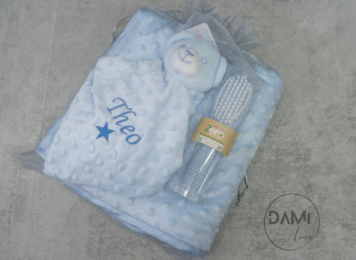 Personalised blue baby blanket, bear comforter and blue brush&comb gift set for boy