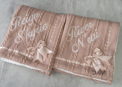 Personalised baby knitted blanket with satin bow and white sherpa back